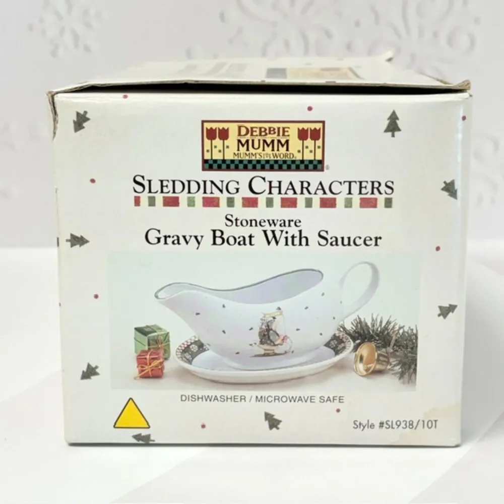 Sakura Debbie Mumm Sledding Characters Gravy Boat Saucer Christmas Box